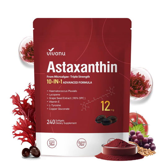 Hero image: 10-in-1 Astaxanthin 12mg bottle, 4-month supply