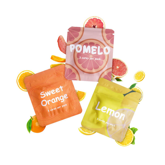 Close-up of ASTOFLI flavoured inner filter pack orange-pomelo-lemon on breathlace necklace