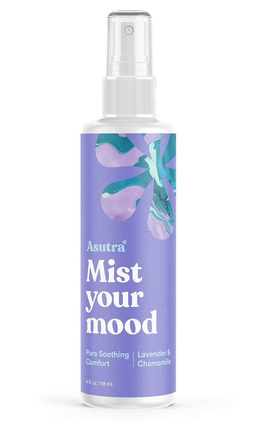 ASUTRA Lavender Pillow Spray bottle with lavender sprigs on white background