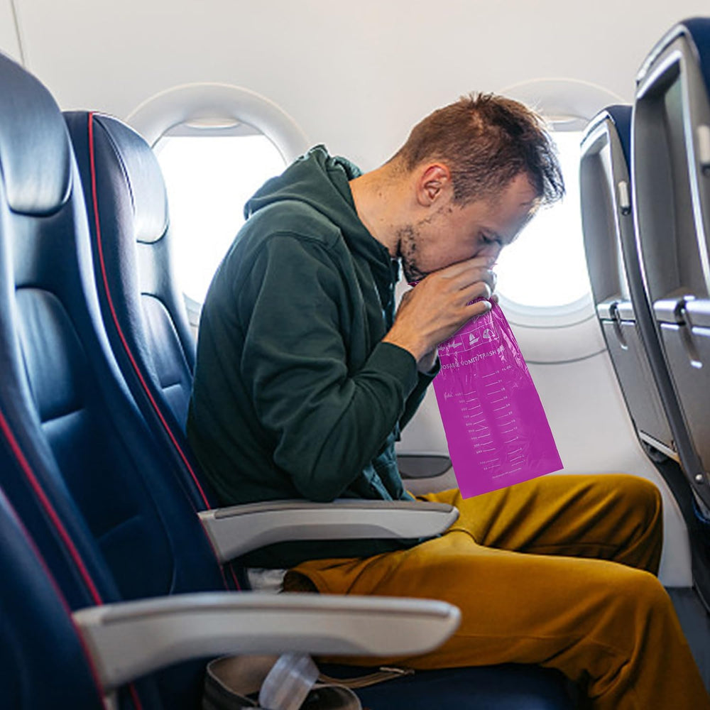 ATDAWN emesis bag in car or taxi scenario illustrates discreet, multipurpose nausea bag.