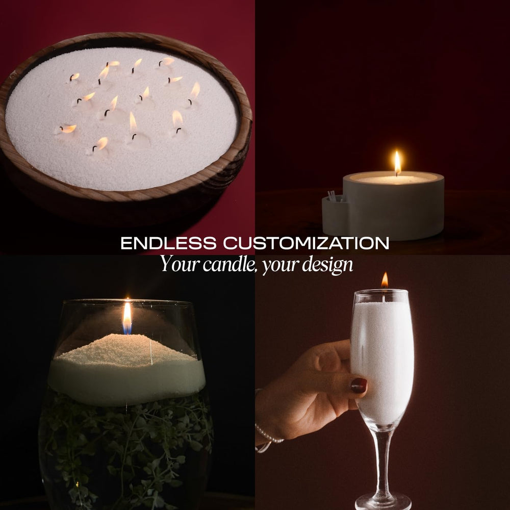 Close-up of pearled sand candle with wick design