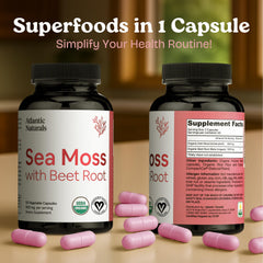 Product label showing ingredients: Irish Sea Moss and Beet Root