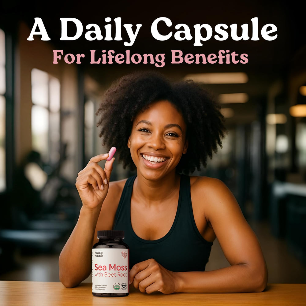 Packaged Atlantic Naturals Sea Moss with Beet Root Capsules bottle with barcode