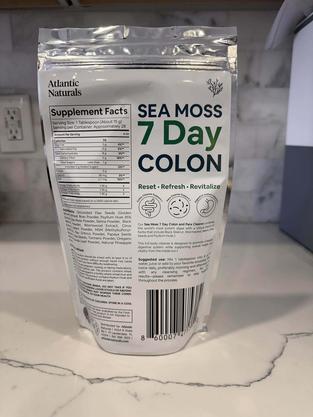 Ingredients panel highlighting Sea Moss, Psyllium Husk, Flaxseed, and Clove