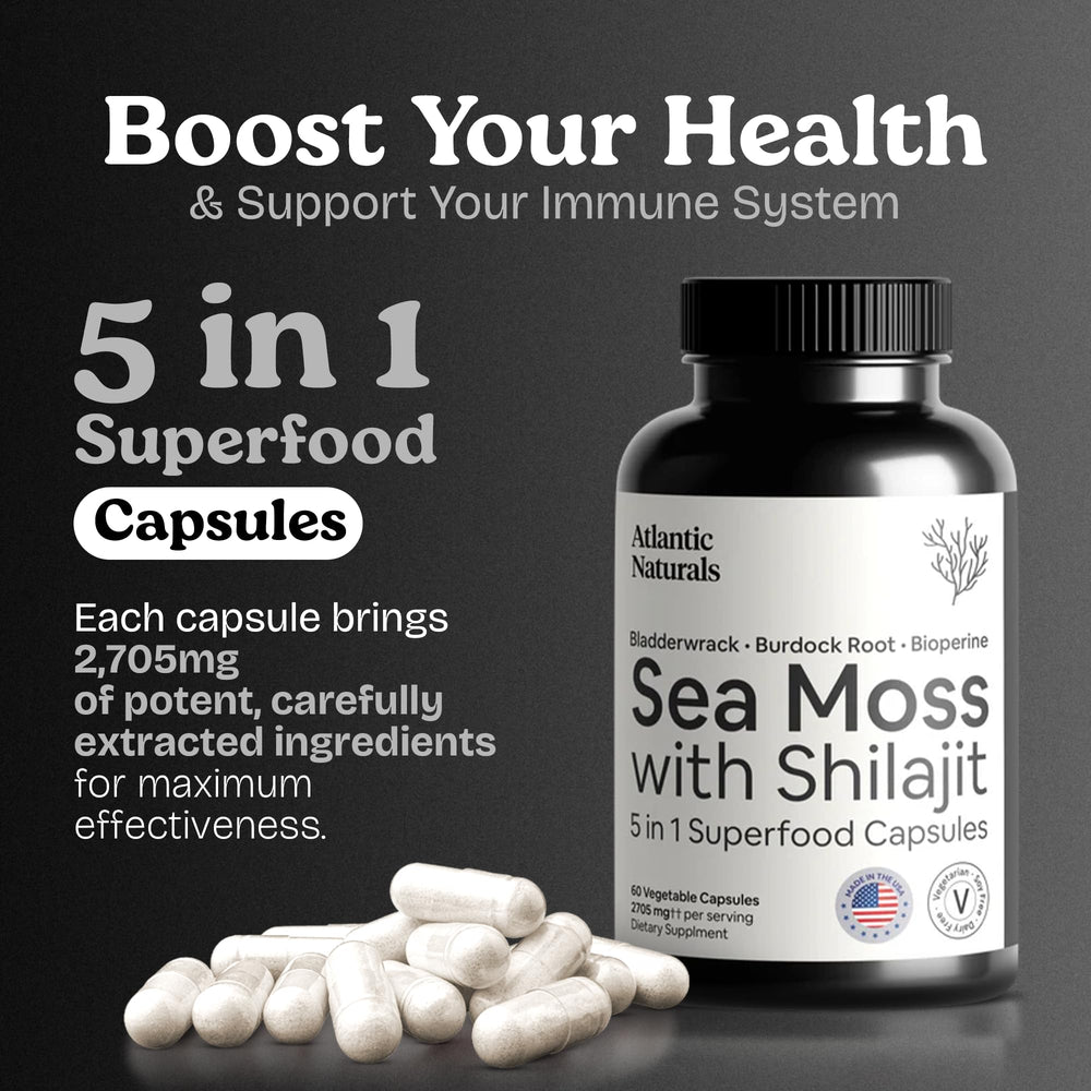 Bladderwrack, Burdock Root, and Black Pepper ingredients with capsules