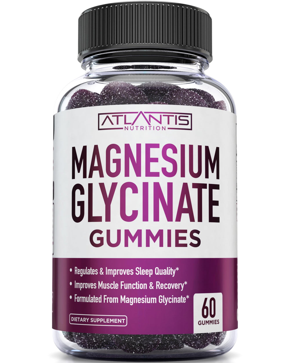 Atlantis Nutrition Magnesium Glycinate Gummies grape flavor bottle, 60-count