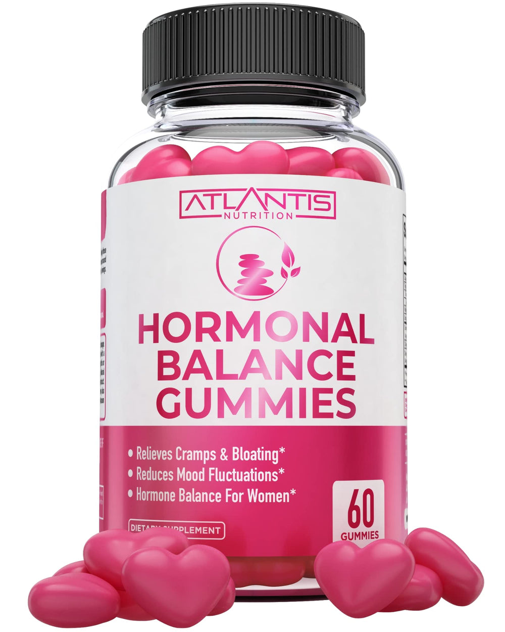 Atlantis Nutrition Hormonal Balance gummies bottle with PMS support label.