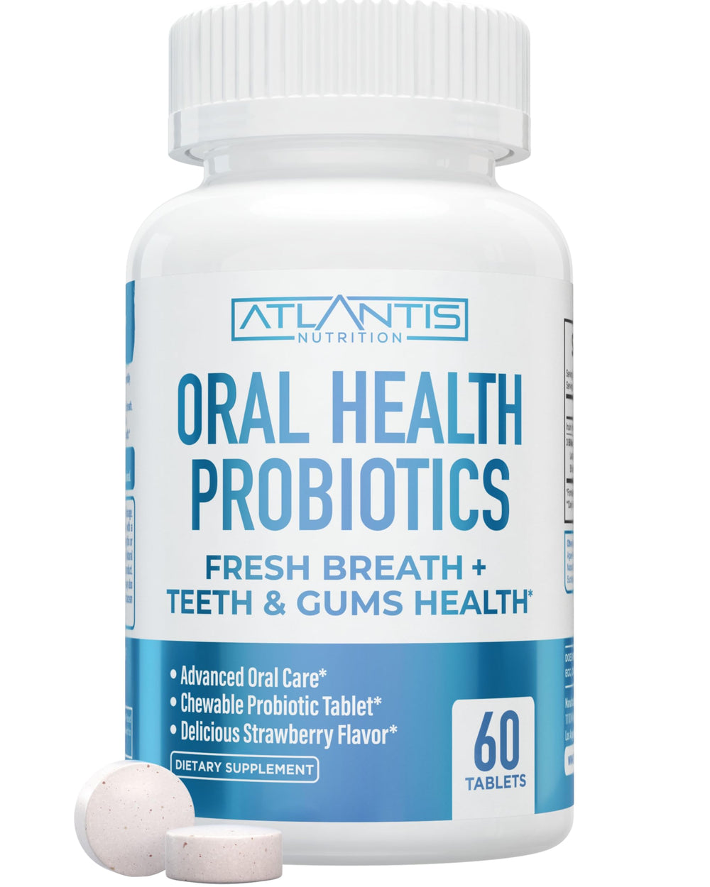 Atlantis Nutrition Oral Probiotics bottle with strawberry flavor chewables - 60 count - front view
