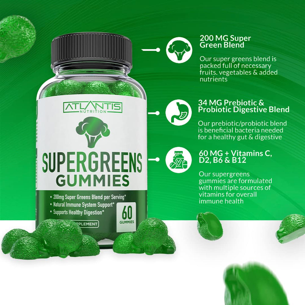 Nutrition label on Atlantis Nutrition Supergreens Gummies bottle