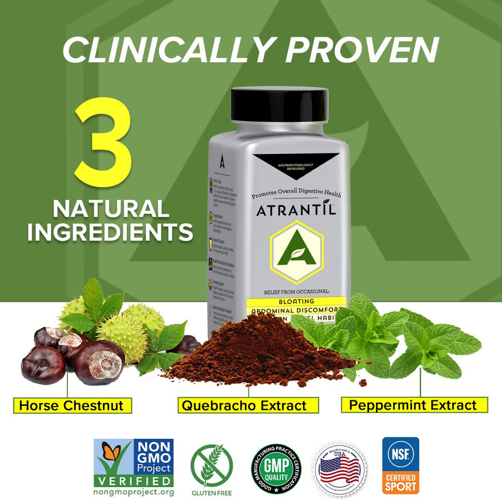 Atrantil bottle pouring capsules, symbolizing convenient daily digestive support.