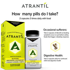Atrantil product display with glass and plate to imply comfortable digestion.