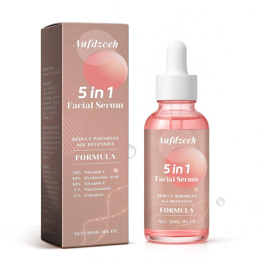 Aufdzceh 5-in-1 serum bottle front; designed for daily hydration.