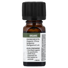 Close-up of Aura Cacia Bergamot essential oil label