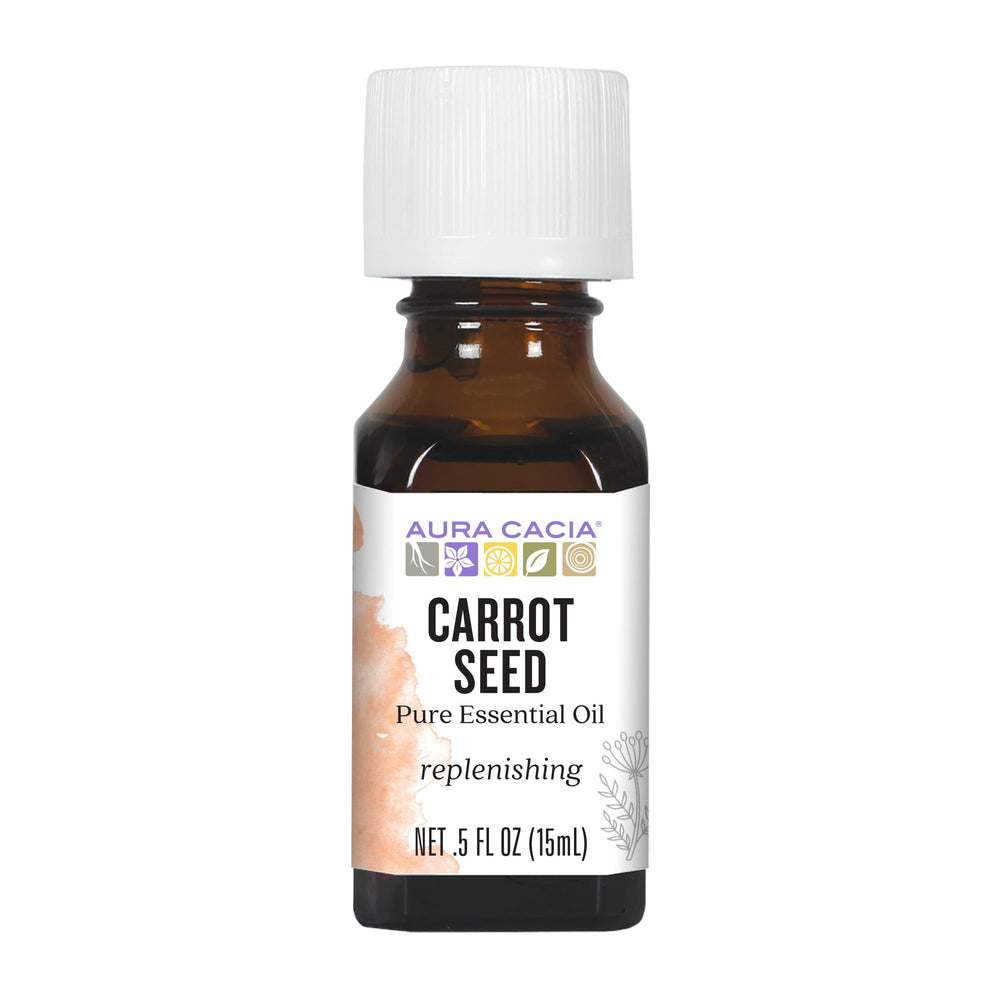Aura Cacia carrot seed essential oil bottle for replenishing aromatherapy rituals.