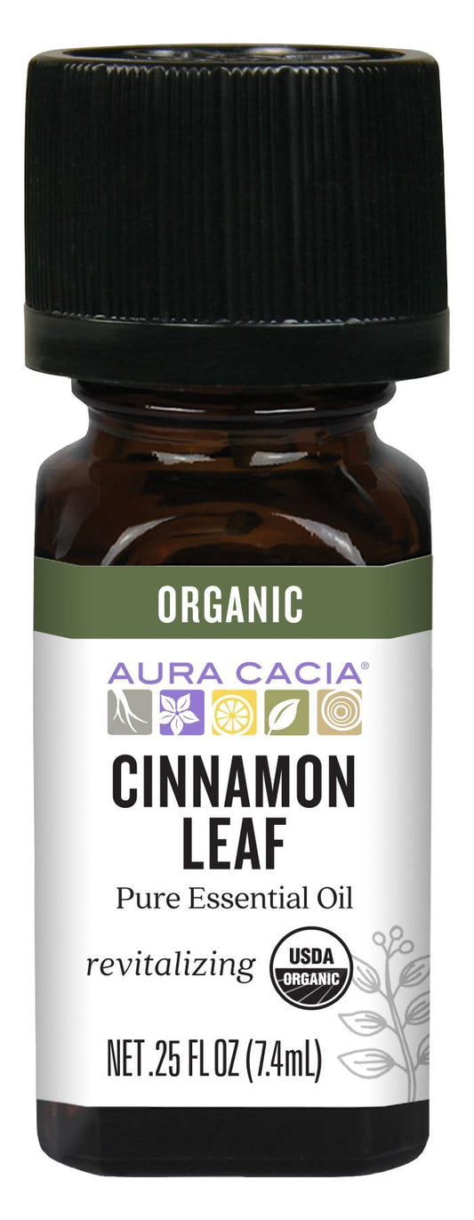 Aura Cacia Organic Cinnamon Leaf Essential Oil bottle 0.25 oz on white background