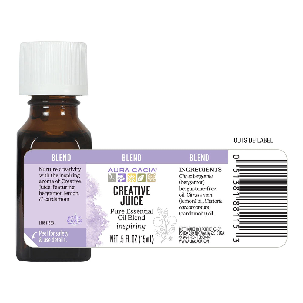 Aura Cacia Creative Juice packaging illustrates pure ingredients for mindful shopping.