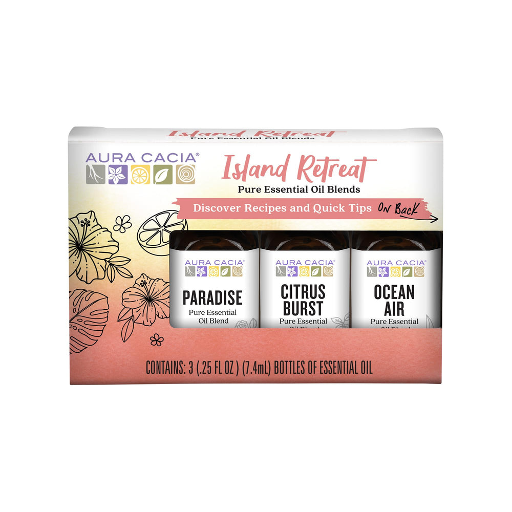 Aura Cacia Island Retreat Essential Oil Kit box with three blends