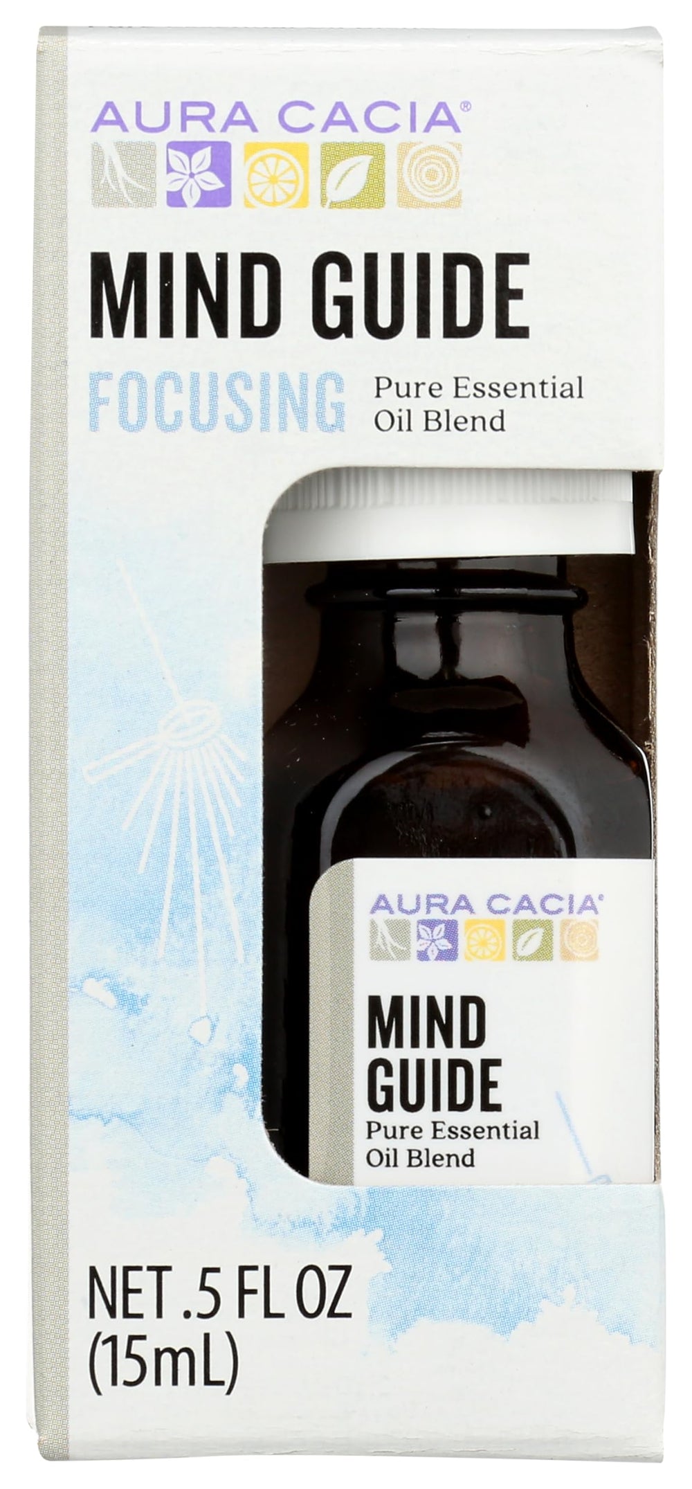Aura Cacia Mind Guide bottle close-up highlighting a focus-enhancing essential oil blend.