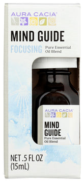 Aura Cacia Mind Guide bottle close-up highlighting a focus-enhancing essential oil blend.