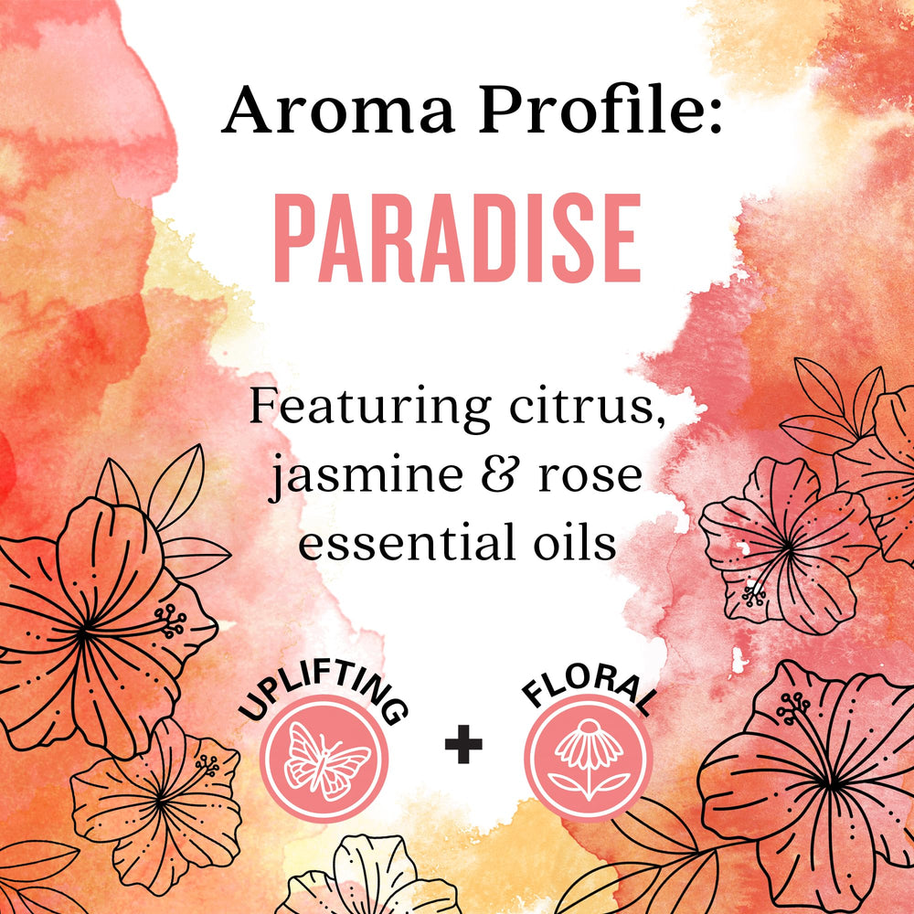 Aura Cacia Paradise essential oil blend featuring jasmine and rose for uplifting ambiance.