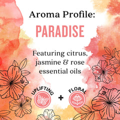 Aura Cacia Paradise essential oil blend featuring jasmine and rose for uplifting ambiance.