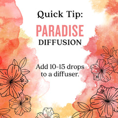 Aura Cacia Paradise essential oil blend packaging box highlights natural fragrance story.