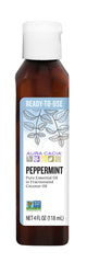 Aura Cacia peppermint oil in fractionated coconut oil bottle for quick on-skin freshness.
