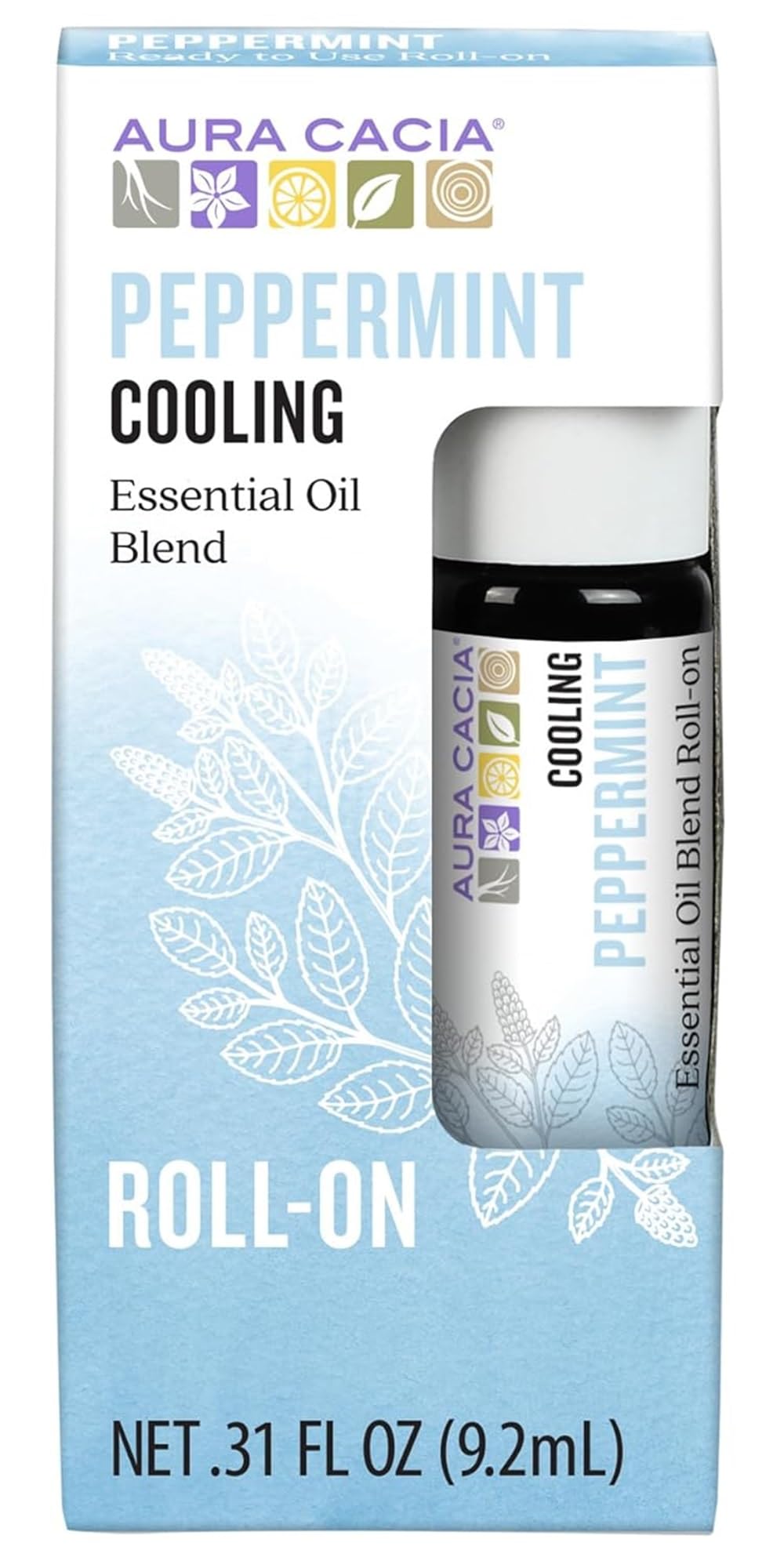 Aura Cacia peppermint roll-on bottle offers portable cooling aroma for quick refresh.