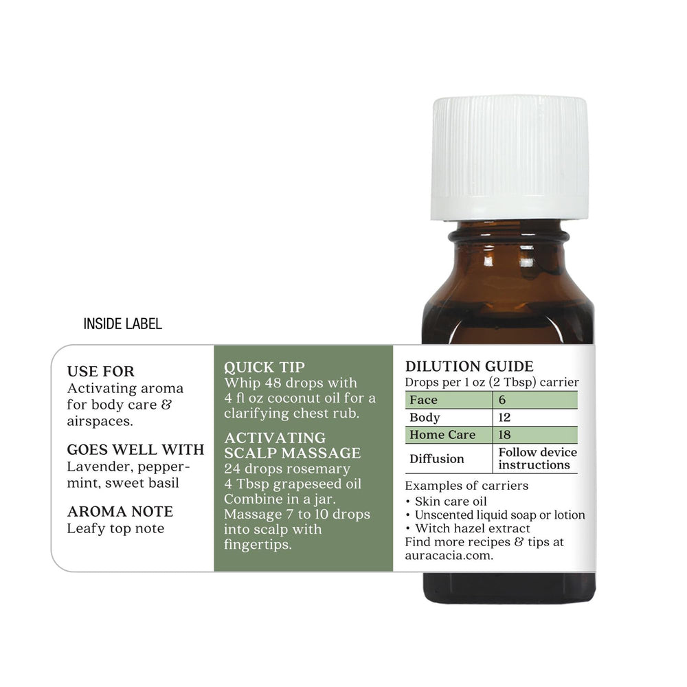 Close-up of Aura Cacia Rosemary Essential Oil bottle