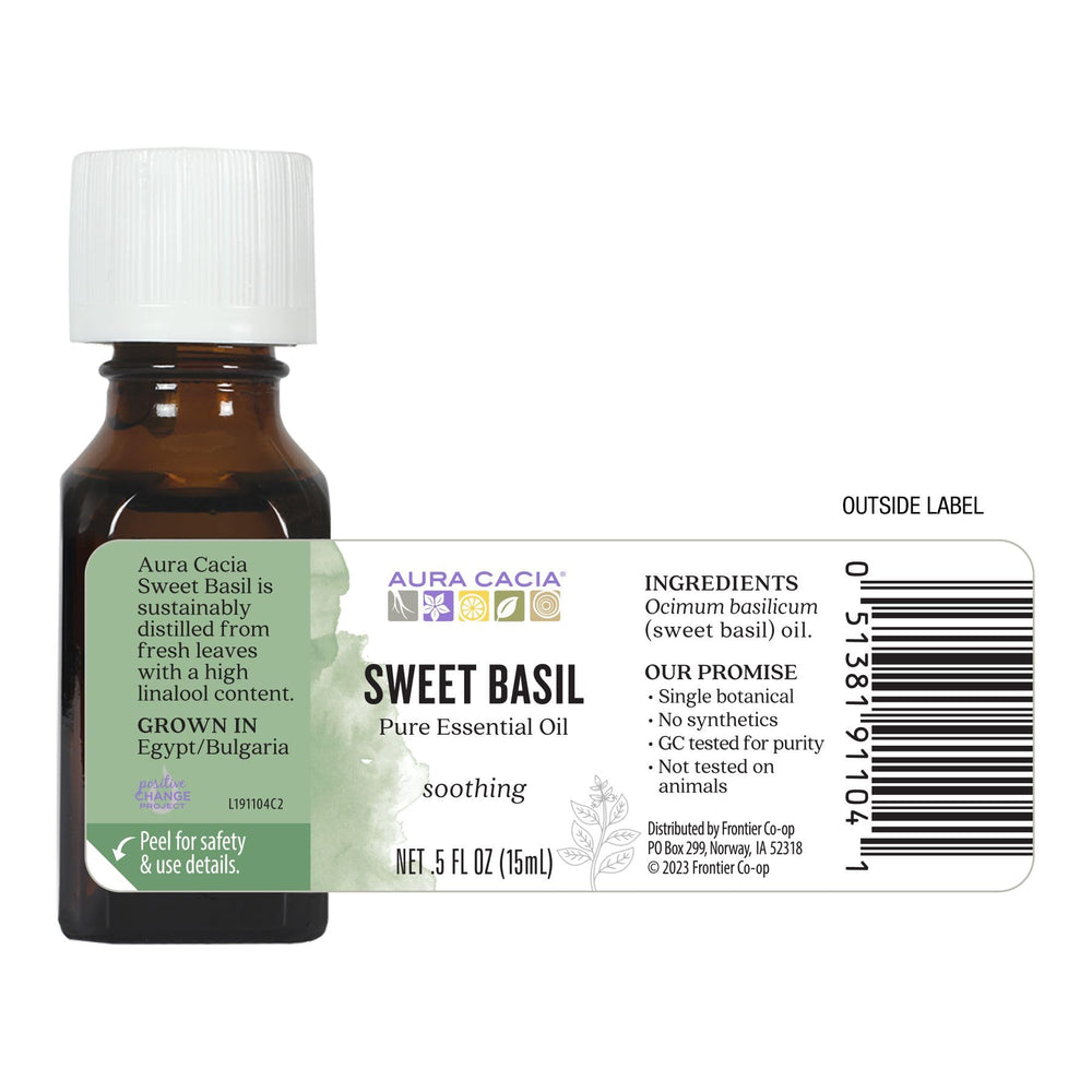 Packaging for Aura Cacia Sweet Basil Essential Oil