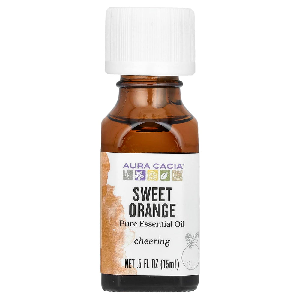 Aura Cacia Sweet Orange essential oil bottle front; uplifting citrus aroma for mood enhancement.
