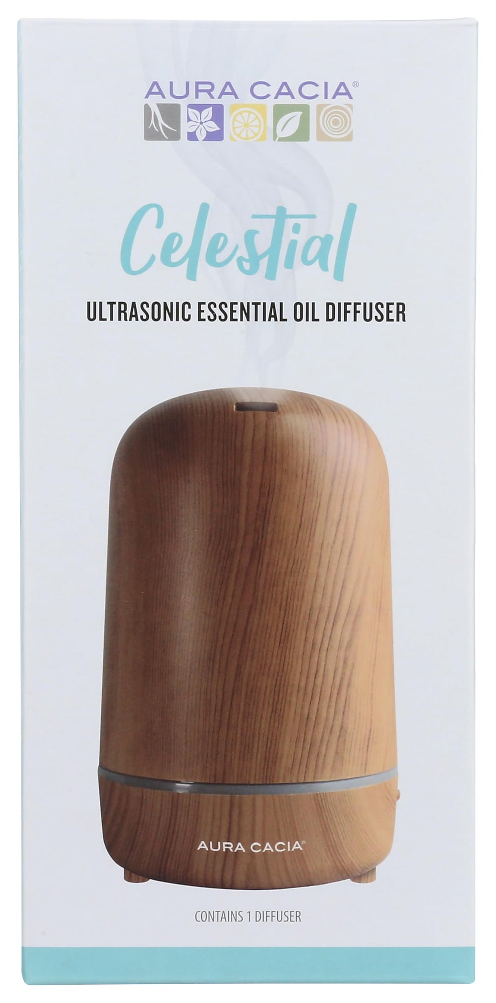 Aura Cacia wood grain diffuser closeup, natural finish, calming ambiance
