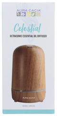Aura Cacia wood grain diffuser closeup, natural finish, calming ambiance