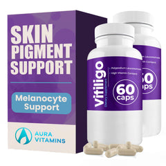 Aura Vitamins Vitiligo Capsules bottle label highlights the vitamin blend for skin support.