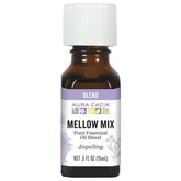 Aura Cacia Mellow Mix bottle closeup highlights calming lavender blend for relaxing routines.