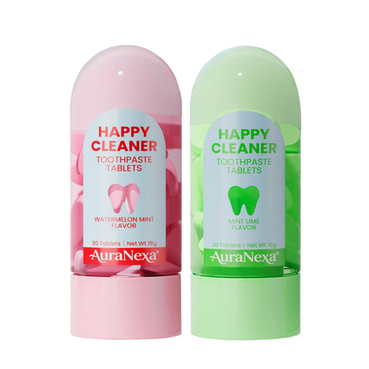 Auranexa Happy Cleaner Toothpaste Tablets Mixed Pack front view featuring Watermelon Mint and Mint Lime