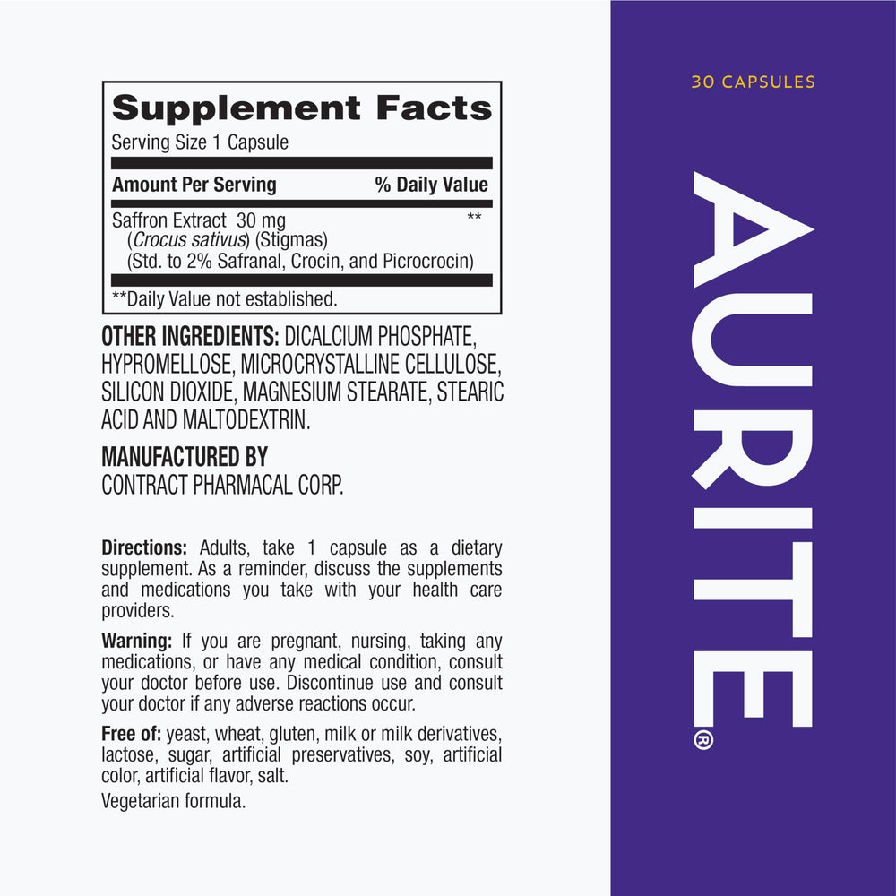 Label showing Saffron 30 mg per capsule