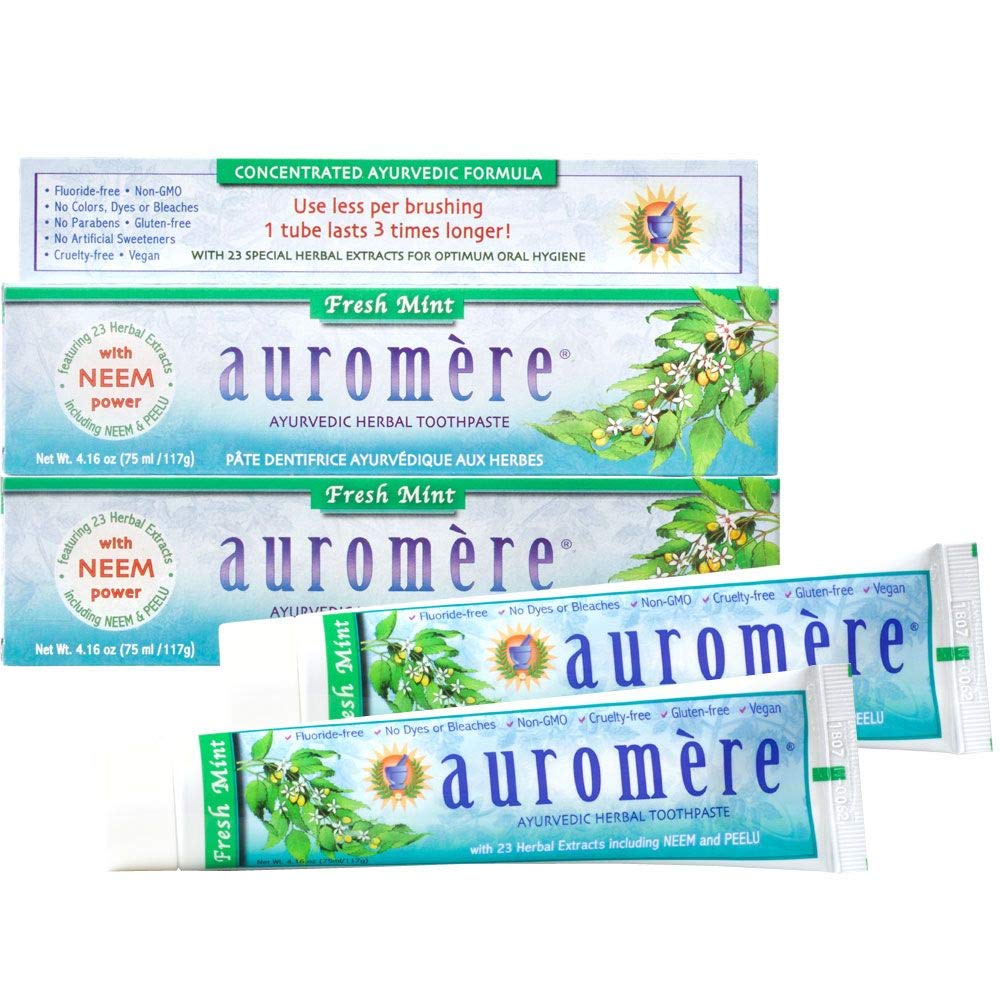 Auromere Ayurvedic Herbal Toothpaste Fresh Mint 4.16 oz – 2 Pack packaging