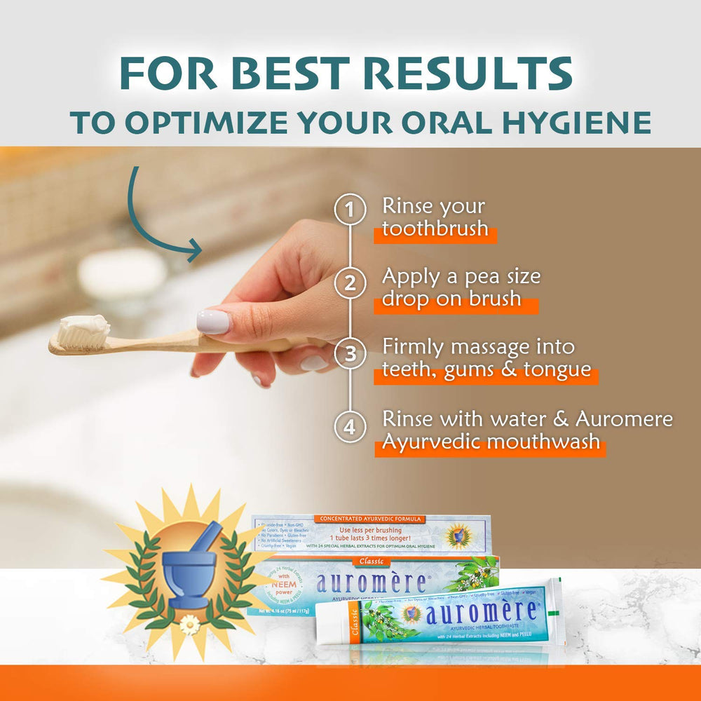 Label showing vegan, fluoride-free, gluten-free and non-GMO claims on Auromere toothpaste
