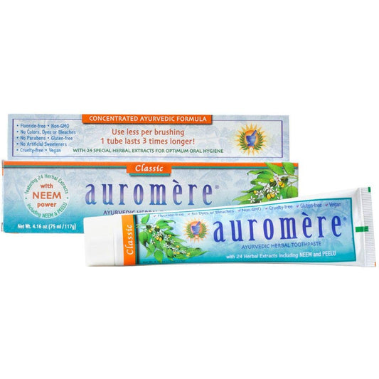 Auromere Ayurvedic toothpaste packaging and tube in Classic Licorice flavor, 4.16 oz