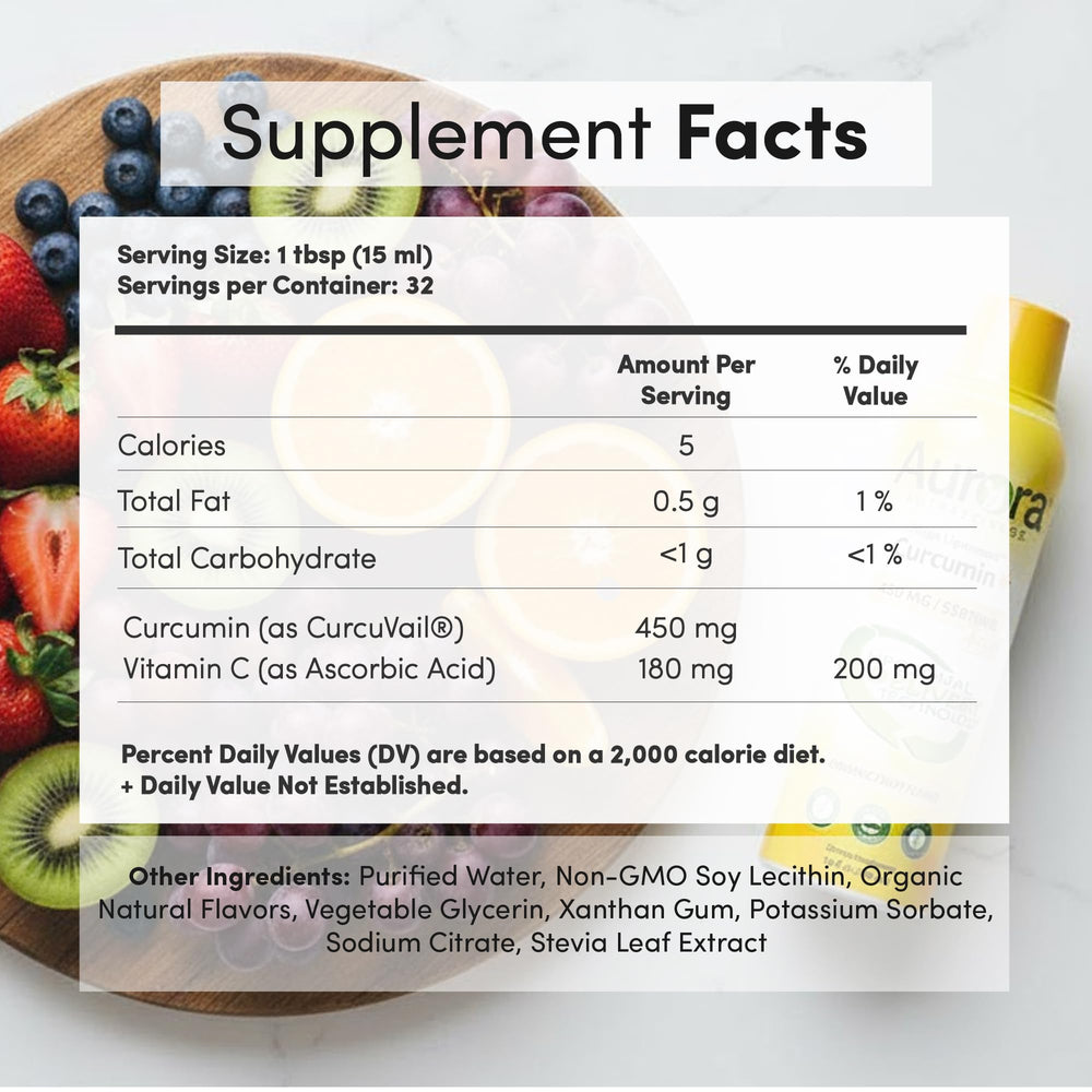 Nutrition label showing 450 mg curcumin per 15 mL serving