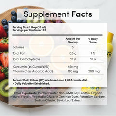 Nutrition label showing 450 mg curcumin per 15 mL serving