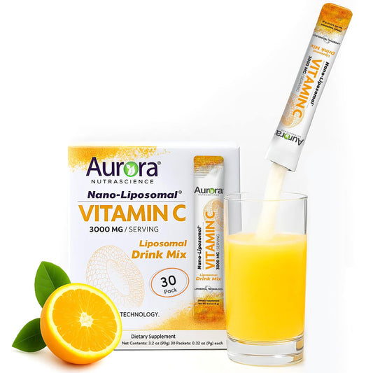 Aurora Nutrascience Nano-Pack Liposomal Vitamin C powder orange packets and box