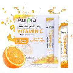Close-up of orange flavor vitamin C powder single-serve packet