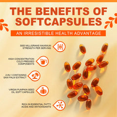 Graphic showing 3000 mg pumpkin seed oil and 300 mg saw palmetto per dose