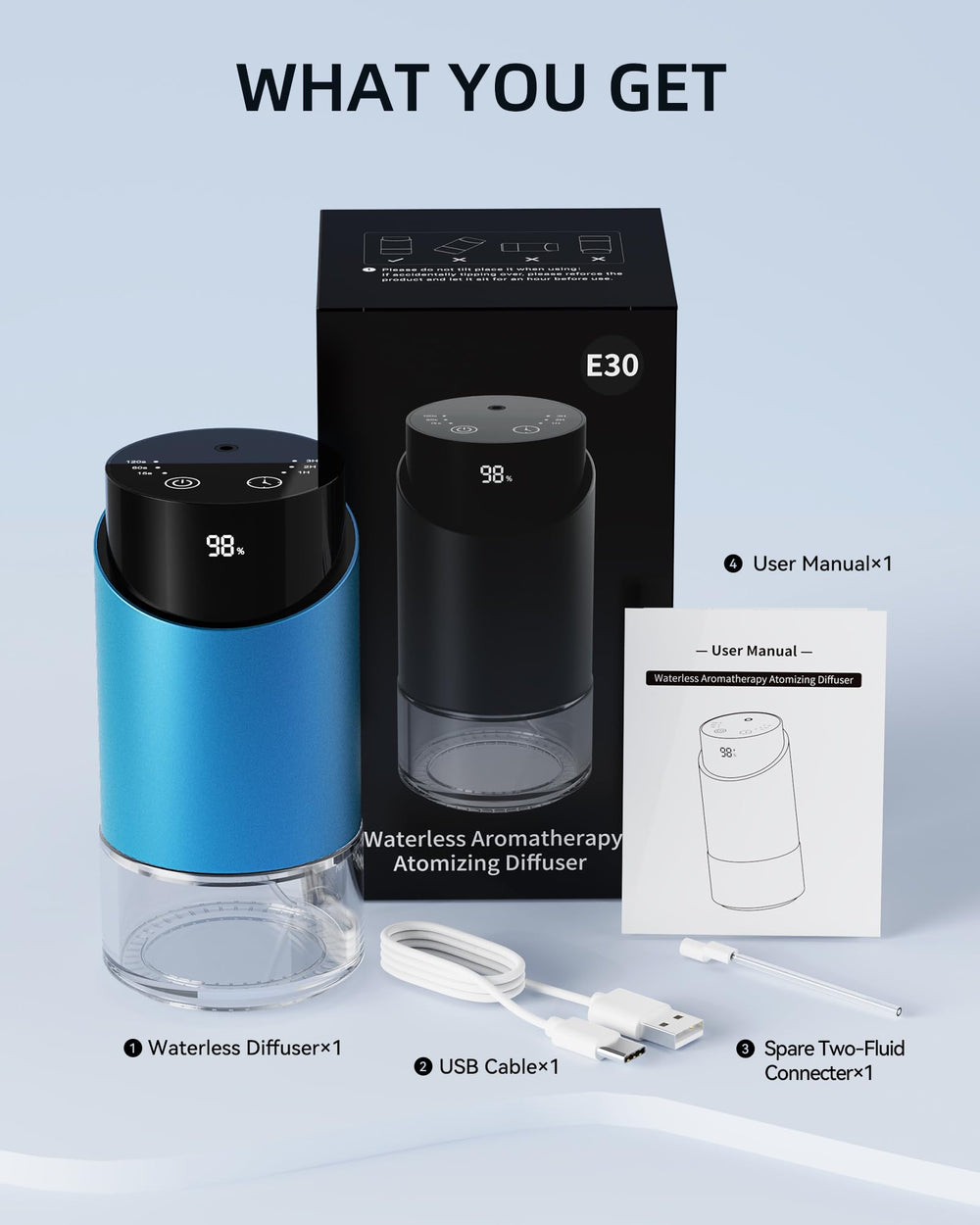 Auto spill-protection feature on blue waterless diffuser