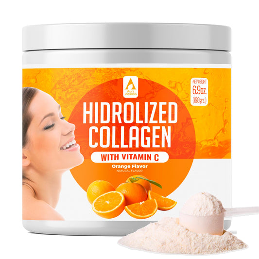 Open scoop of AV Orange Hydrolyzed Collagen powder in a glass of water