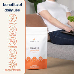 Close-up of Elevate gummy emphasizing energy and focus