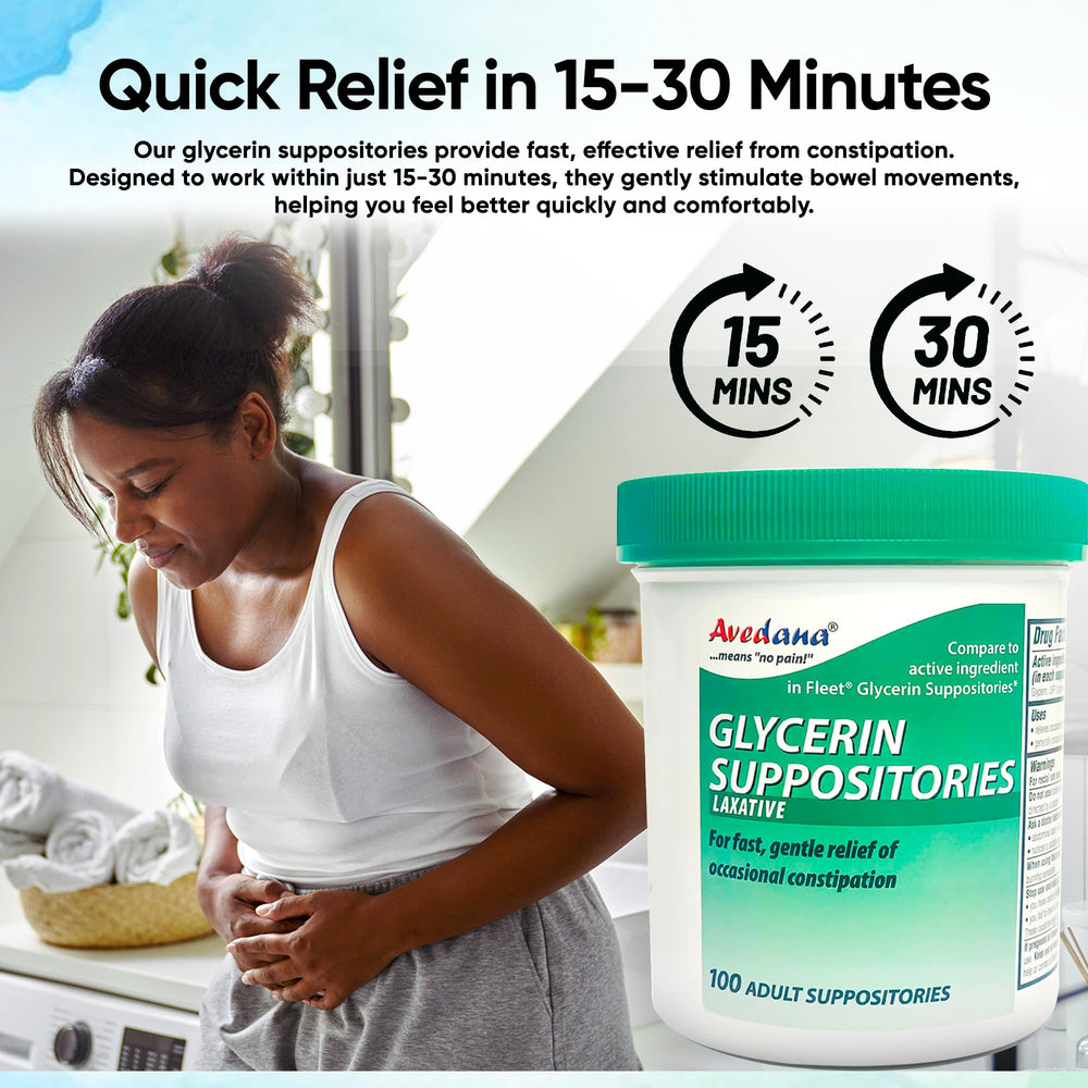 AVEDANA glycerin suppositories ergonomic shape highlights easy, safe insertion during occasional constipation.