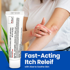 AVEDANA Hydrocortisone Cream label close-up highlighting 1% hydrocortisone.